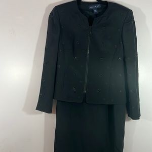 Preston and York size 6 black suit/ jacket and skirt.  Lined silk, embroidered